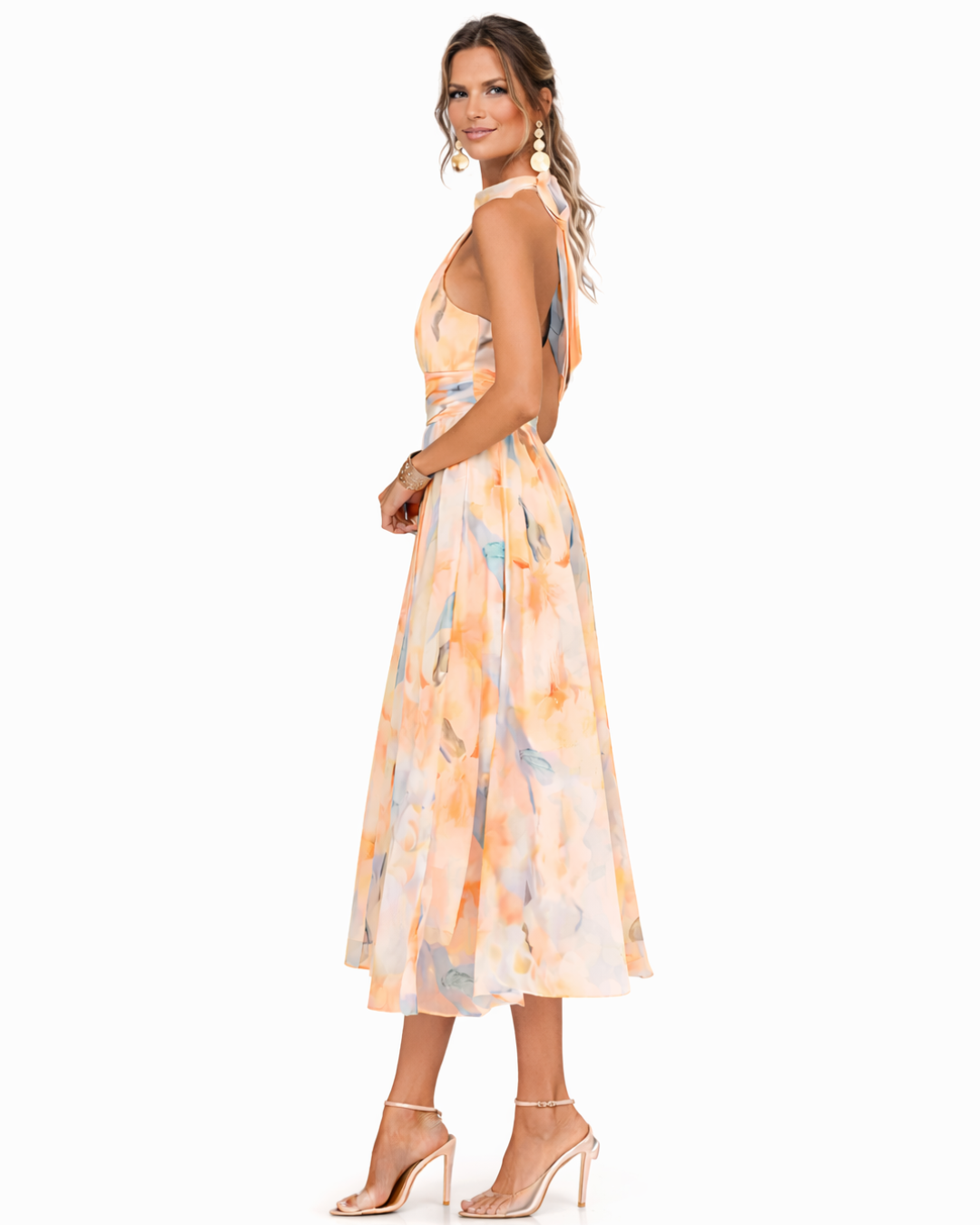 AURORA | VESTIDO CON ESCOTE HALTER Y ESTAMPADO DE ACUARELA