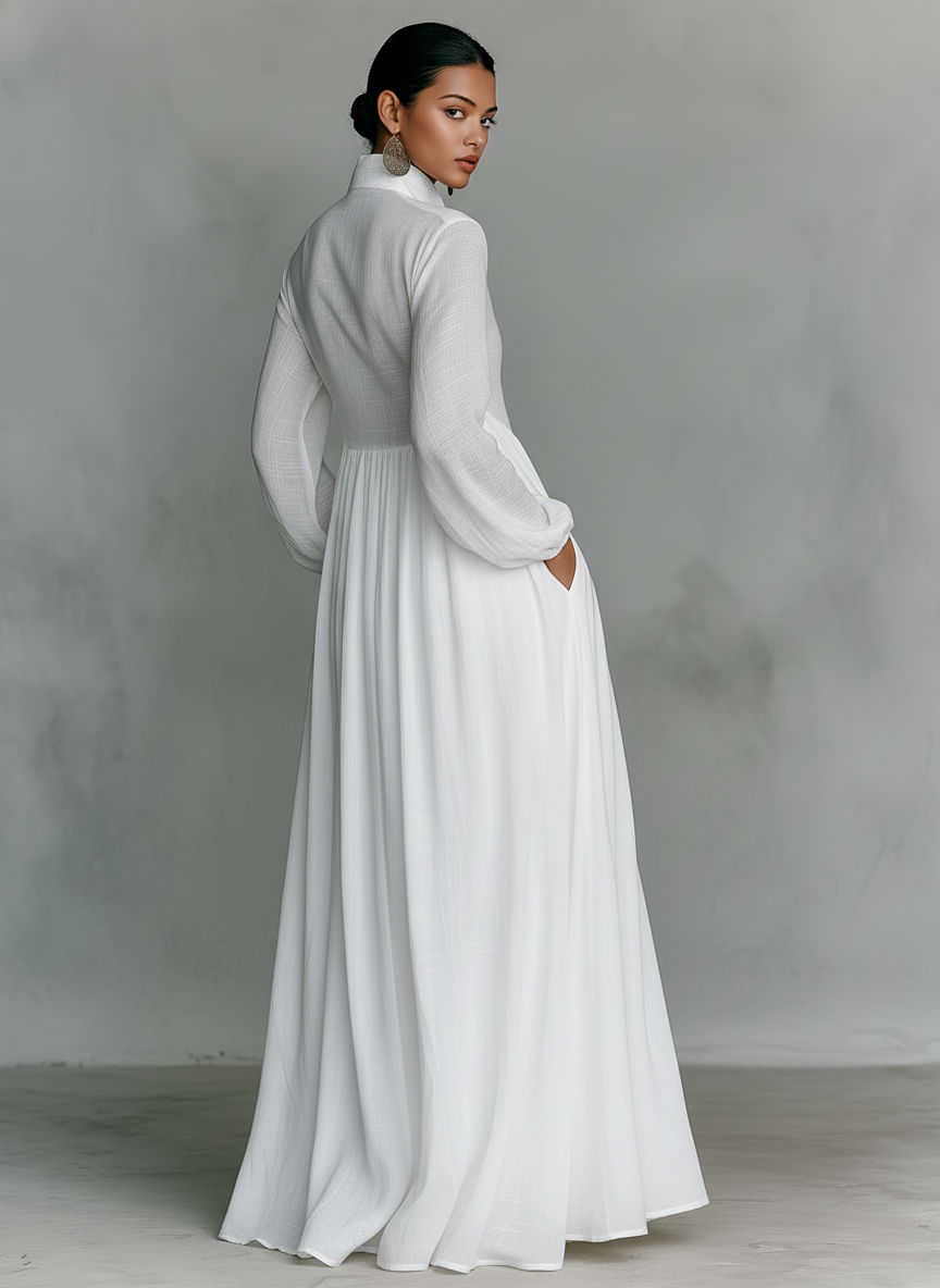 Abito Maxi Minimalista in Cotone e Lino con Patchwork, Collo Alzato e Maniche Lunghe