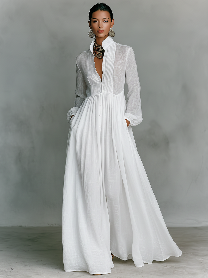 Abito Maxi Minimalista in Cotone e Lino con Patchwork, Collo Alzato e Maniche Lunghe