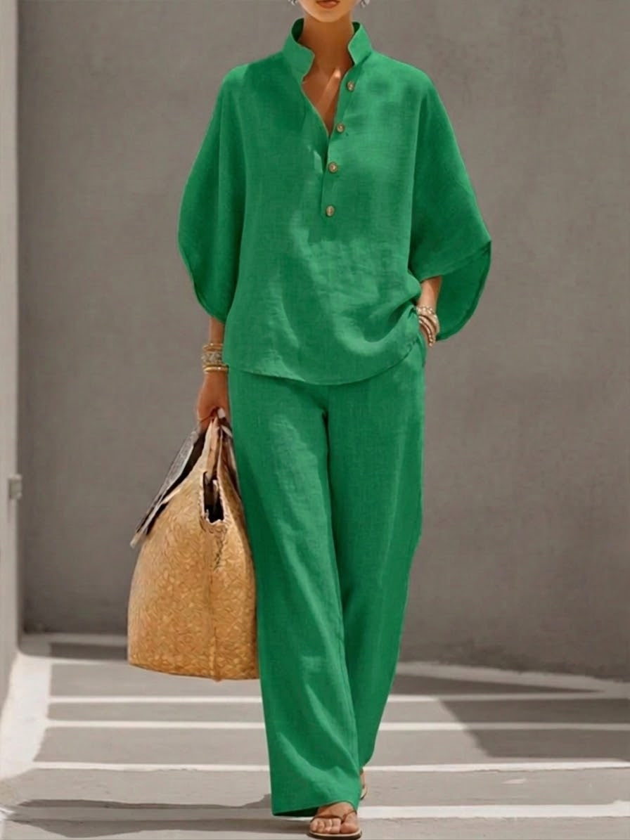 MARIEL | TRAJE DE LINO CON MANGAS MURCIÉLAGO Y PANTALÓON DE PIERNA ANCHA