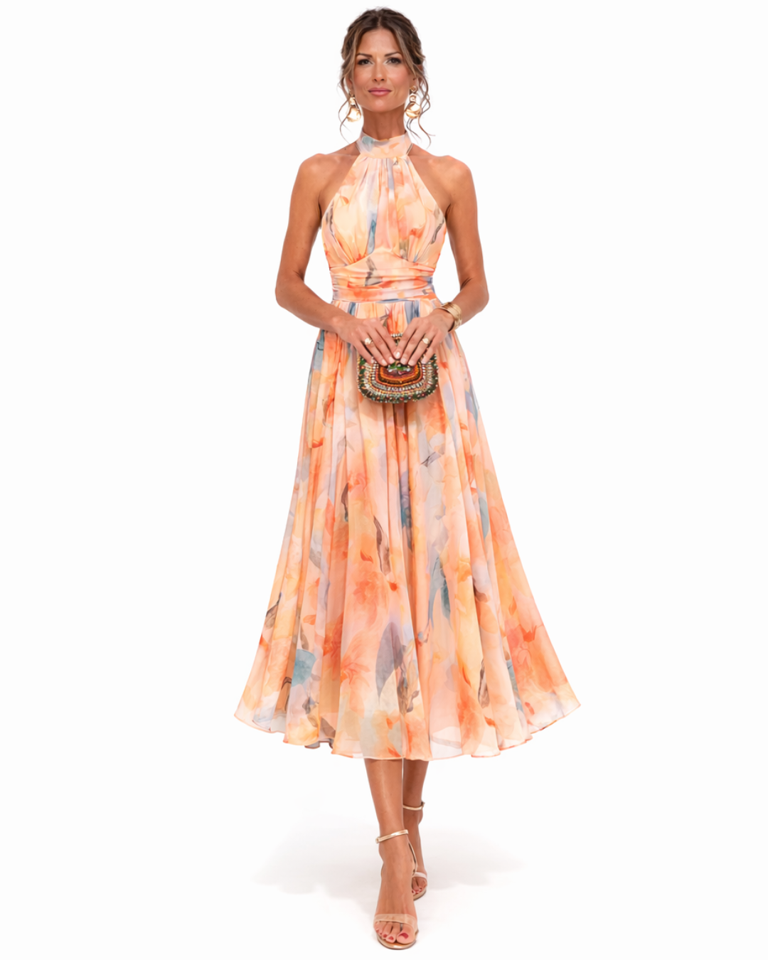 AURORA | VESTIDO CON ESCOTE HALTER Y ESTAMPADO DE ACUARELA