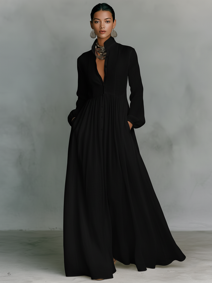 Abito Maxi Minimalista in Cotone e Lino con Patchwork, Collo Alzato e Maniche Lunghe