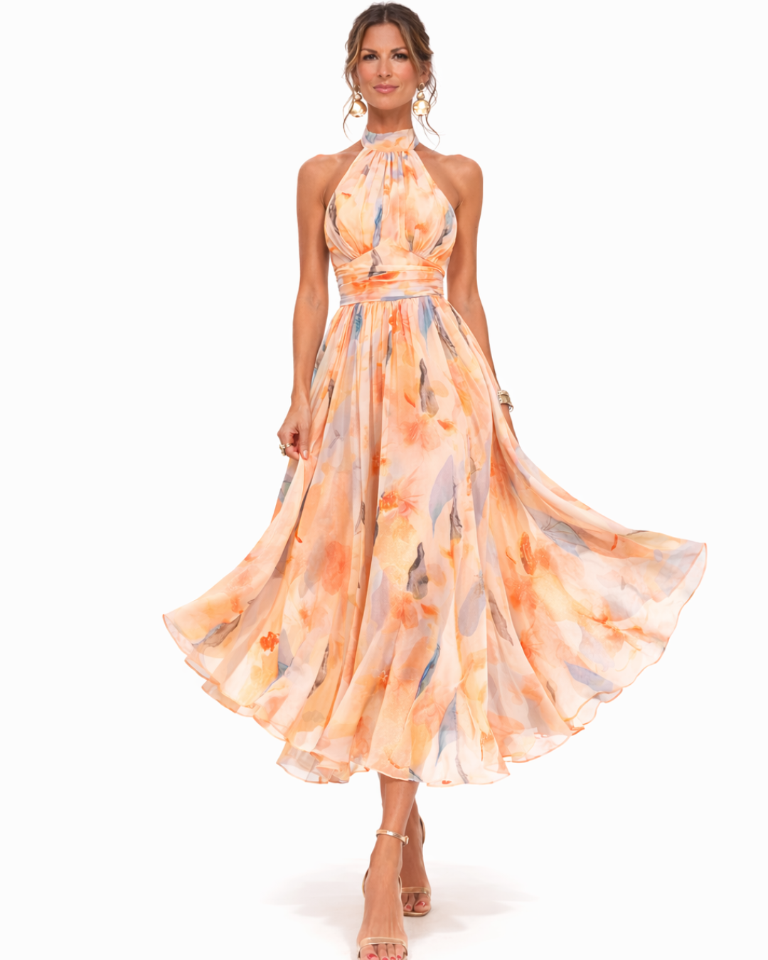 AURORA | VESTIDO CON ESCOTE HALTER Y ESTAMPADO DE ACUARELA