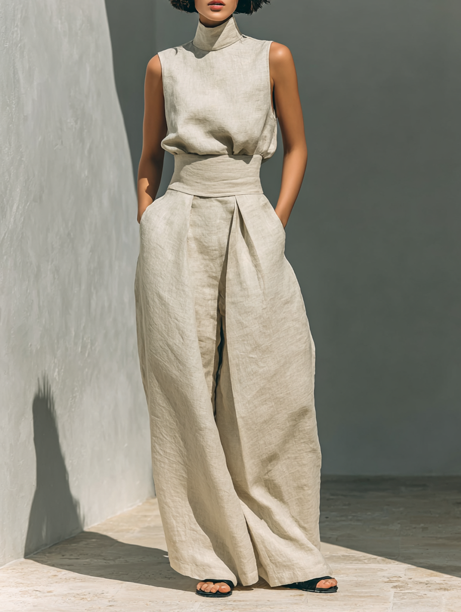 CONJUNTO DE BLUSA SIN MANGAS Y PANTALONES ANCHOS PARA MUJER