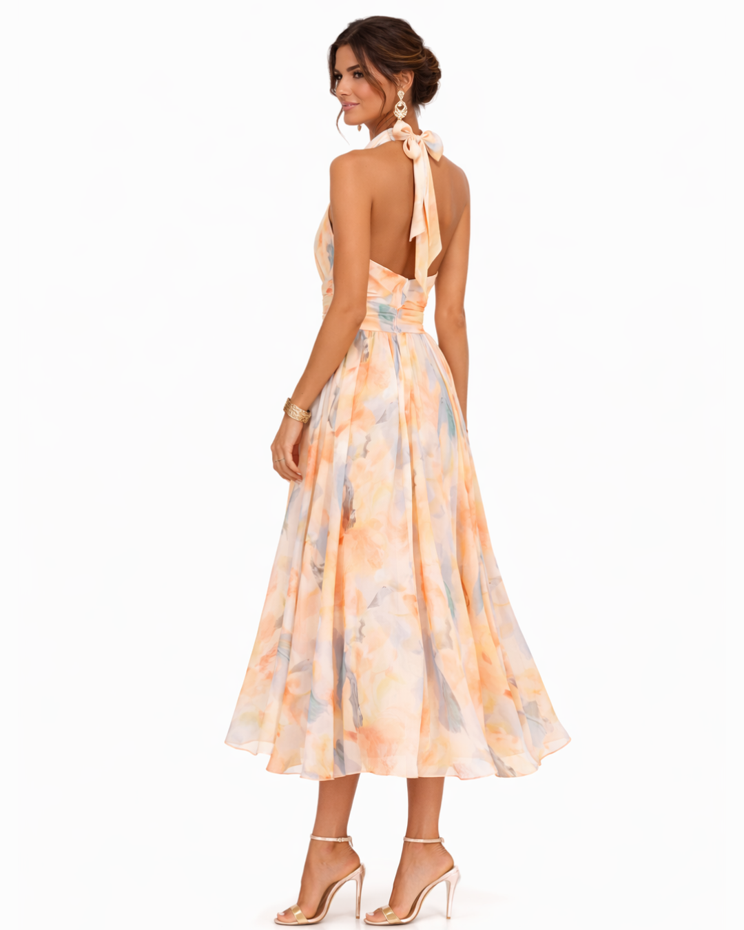 AURORA | VESTIDO CON ESCOTE HALTER Y ESTAMPADO DE ACUARELA