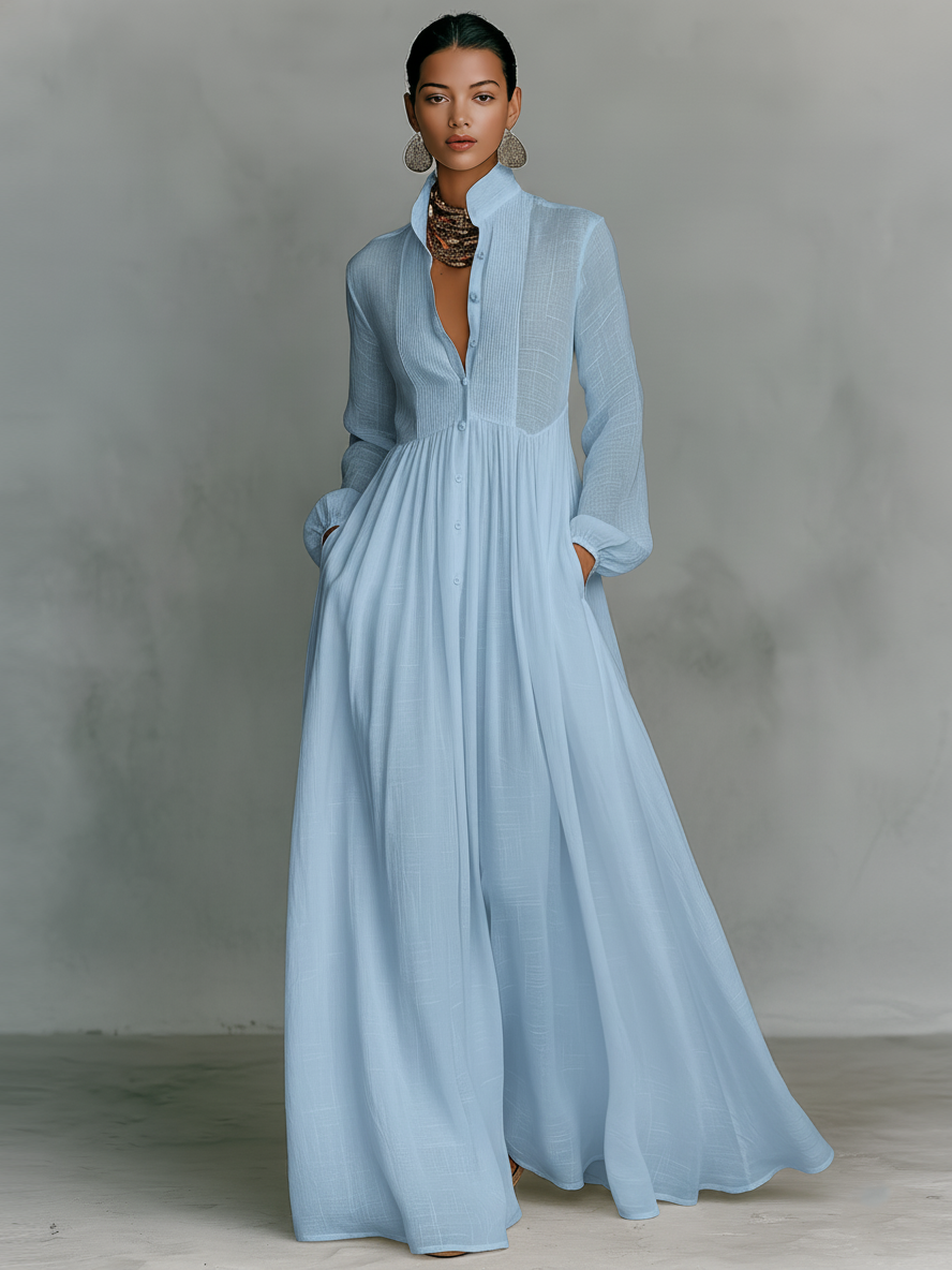 Abito Maxi Minimalista in Cotone e Lino con Patchwork, Collo Alzato e Maniche Lunghe