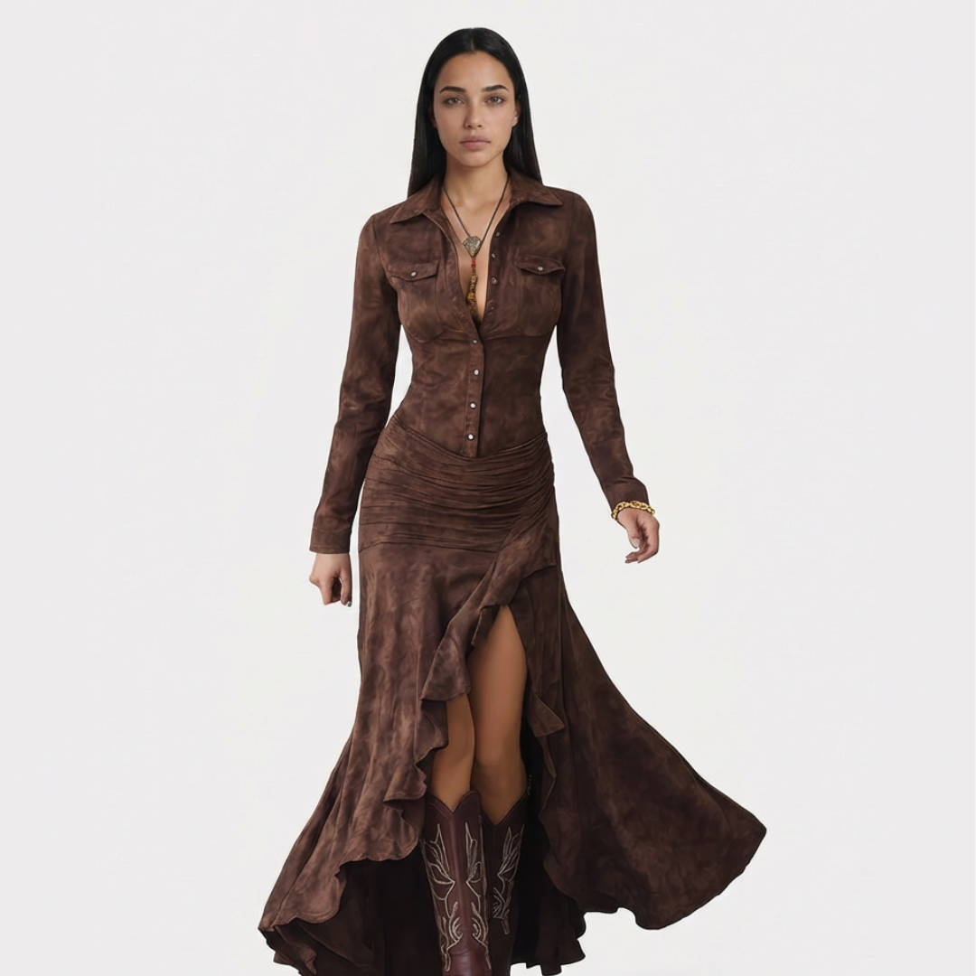 VESTIDO LARGO CON SOLAPA Y VOLANTES