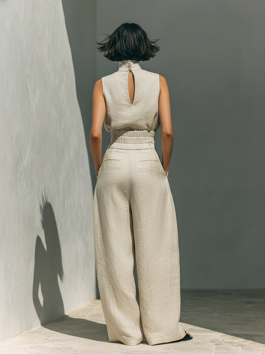 CONJUNTO DE BLUSA SIN MANGAS Y PANTALONES ANCHOS PARA MUJER
