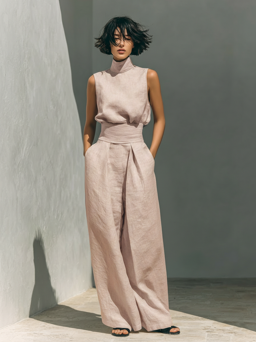CONJUNTO DE BLUSA SIN MANGAS Y PANTALONES ANCHOS PARA MUJER