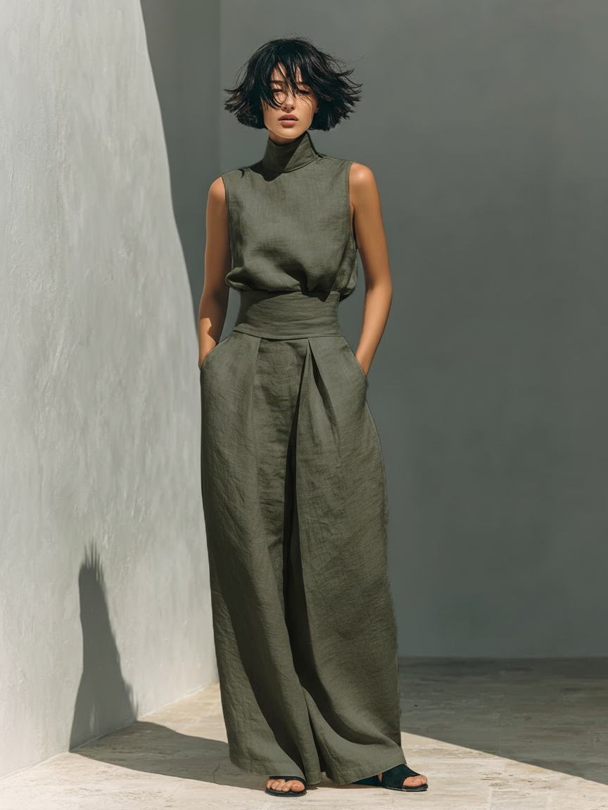 CONJUNTO DE BLUSA SIN MANGAS Y PANTALONES ANCHOS PARA MUJER