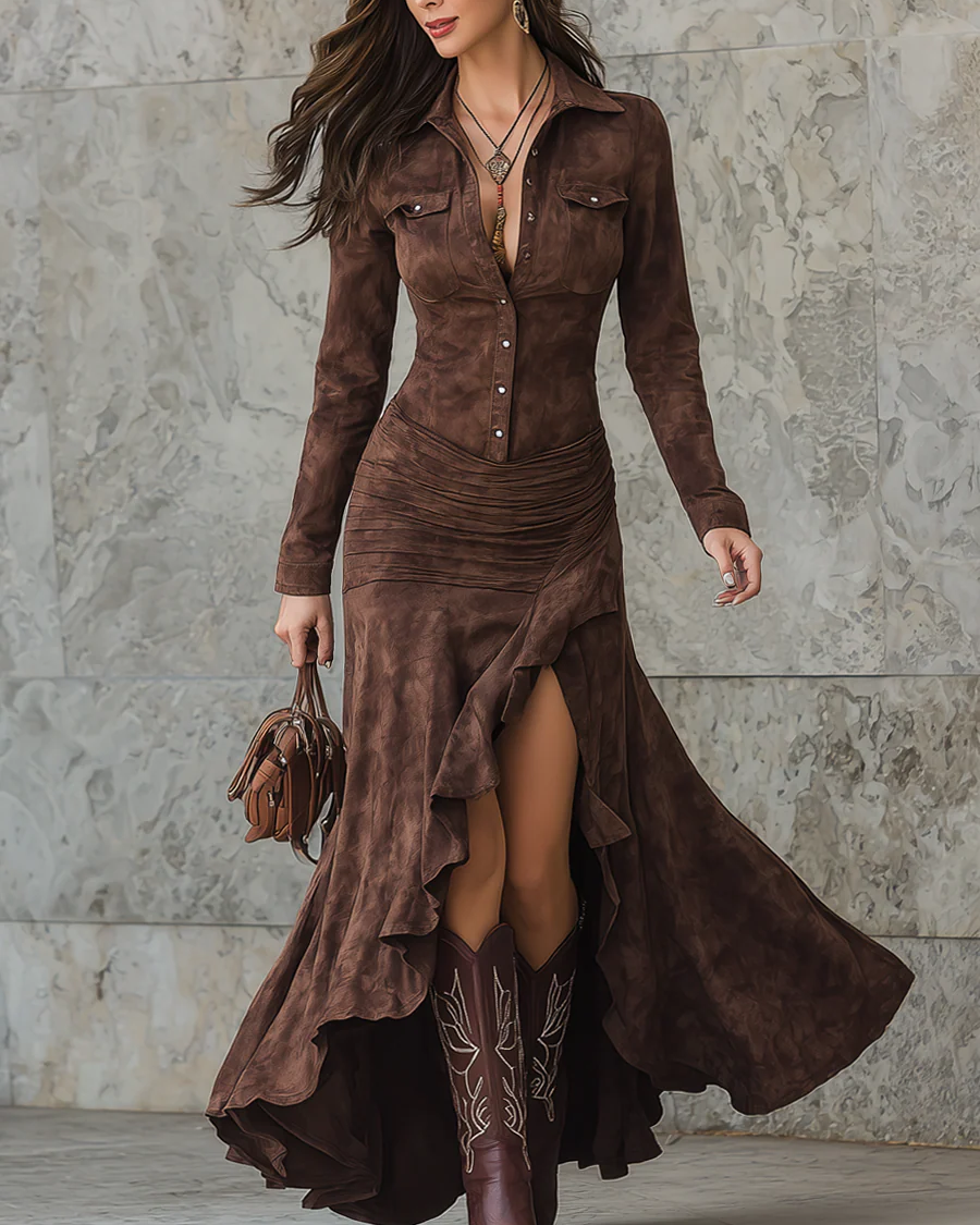 VESTIDO LARGO CON SOLAPA Y VOLANTES