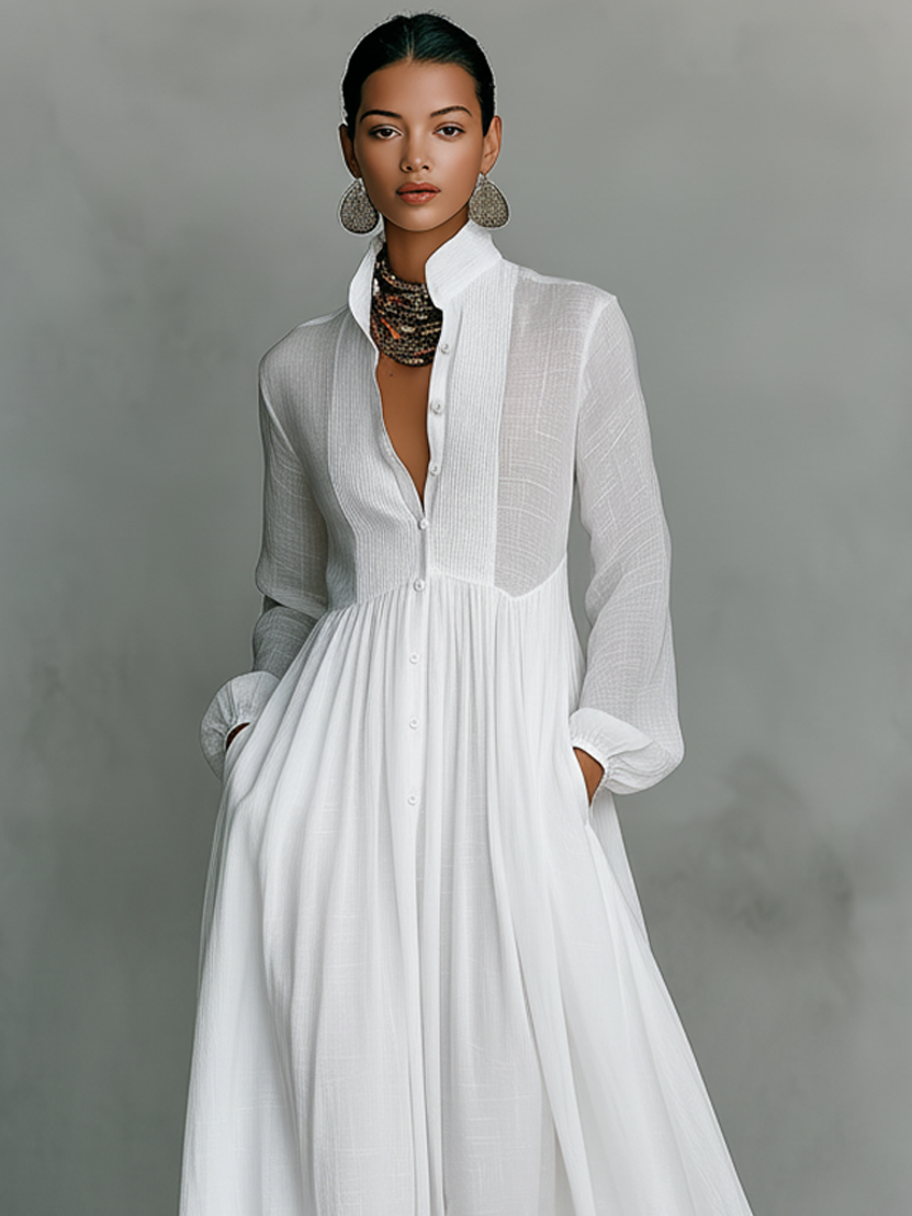 Abito Maxi Minimalista in Cotone e Lino con Patchwork, Collo Alzato e Maniche Lunghe
