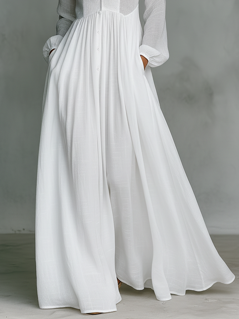 Abito Maxi Minimalista in Cotone e Lino con Patchwork, Collo Alzato e Maniche Lunghe