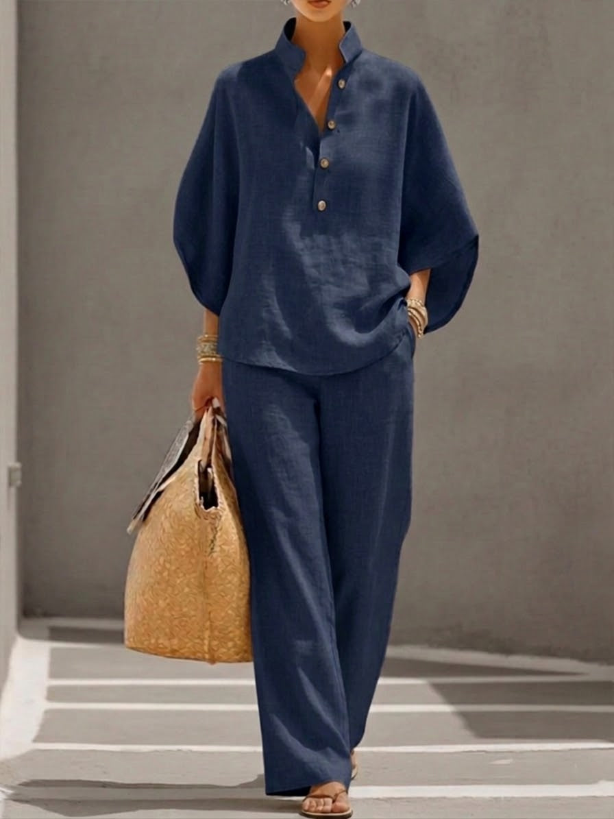MARIEL | TRAJE DE LINO CON MANGAS MURCIÉLAGO Y PANTALÓON DE PIERNA ANCHA