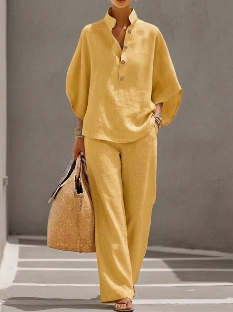 MARIEL | TRAJE DE LINO CON MANGAS MURCIÉLAGO Y PANTALÓON DE PIERNA ANCHA