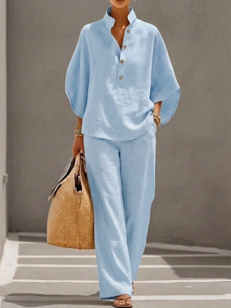 MARIEL | TRAJE DE LINO CON MANGAS MURCIÉLAGO Y PANTALÓON DE PIERNA ANCHA