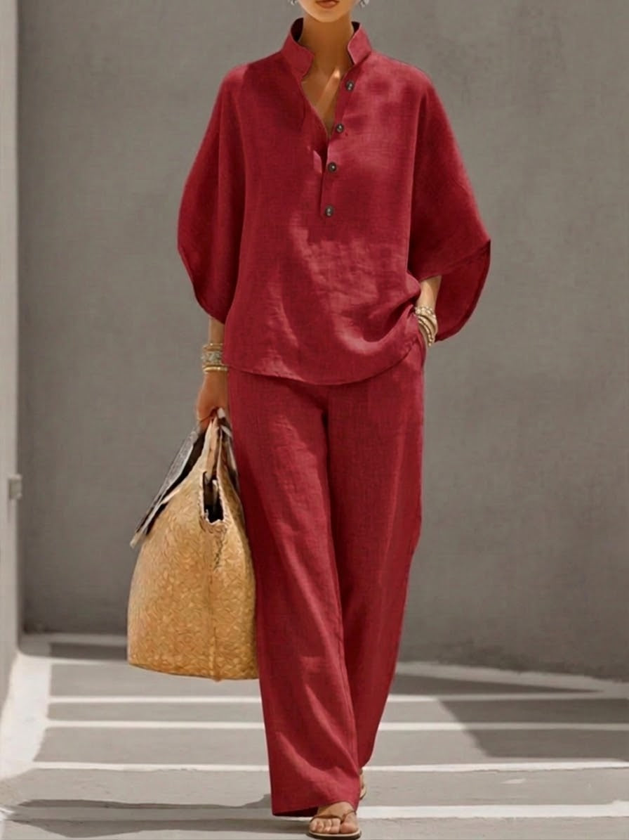 MARIEL | TRAJE DE LINO CON MANGAS MURCIÉLAGO Y PANTALÓON DE PIERNA ANCHA