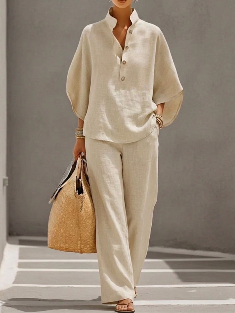 MARIEL | TRAJE DE LINO CON MANGAS MURCIÉLAGO Y PANTALÓON DE PIERNA ANCHA